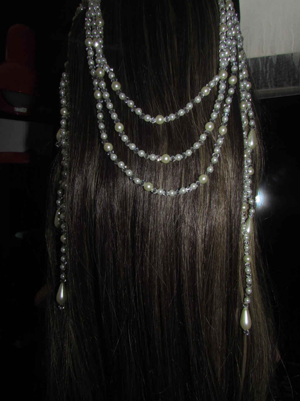 Crystal and pearl teardrop wedding hair chain accessory comb. Choose 2 or 3 rows. Bridal headpiece.