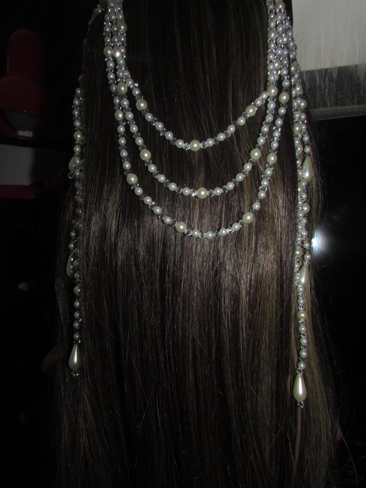 Crystal and pearl teardrop wedding hair chain accessory comb. Choose 2 or 3 rows. Bridal headpiece.