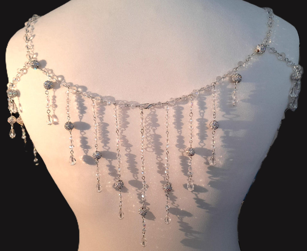 Crystal Diamante Back Shoulder Draped Necklace: Silver Plated Low Back Dress Chain