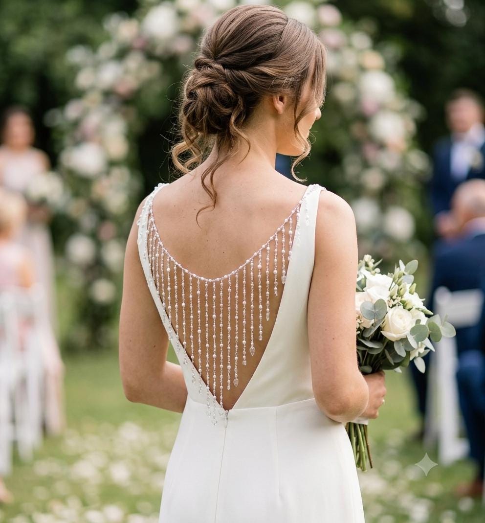Crystal Pearl Back Drape Necklace AB Cube leaf Tassels, Brides Wedding dress statement draped back Body Chain.
