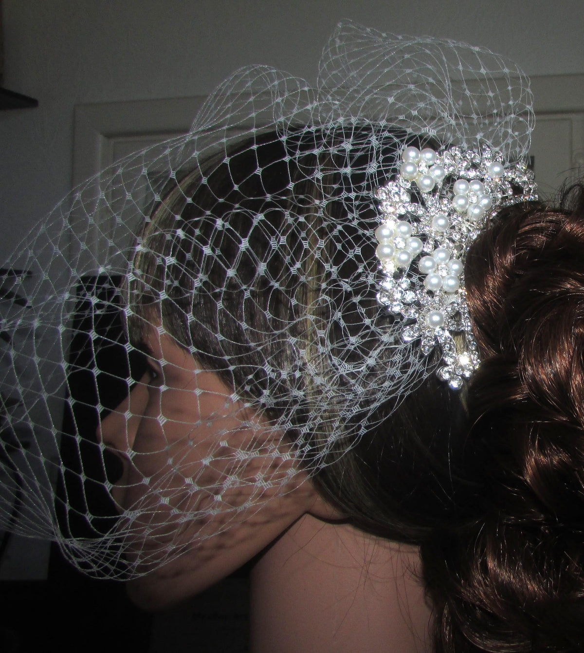 Birdcage veil wedding veil Ivory Diamante and Pearl arched comb.