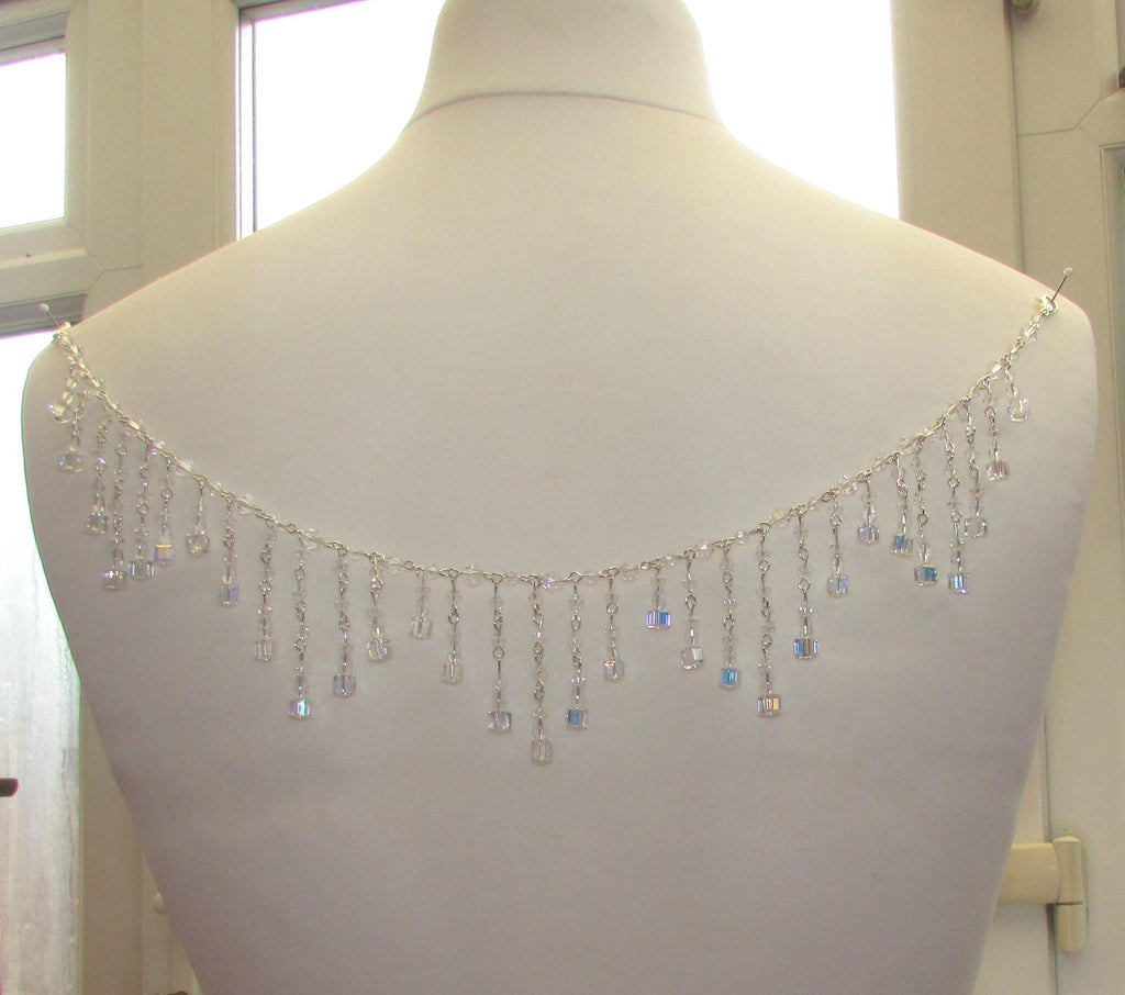 Crystal Back Necklace AB Cube Tassels, Brides Wedding draped necklace Body back Chain jewelery