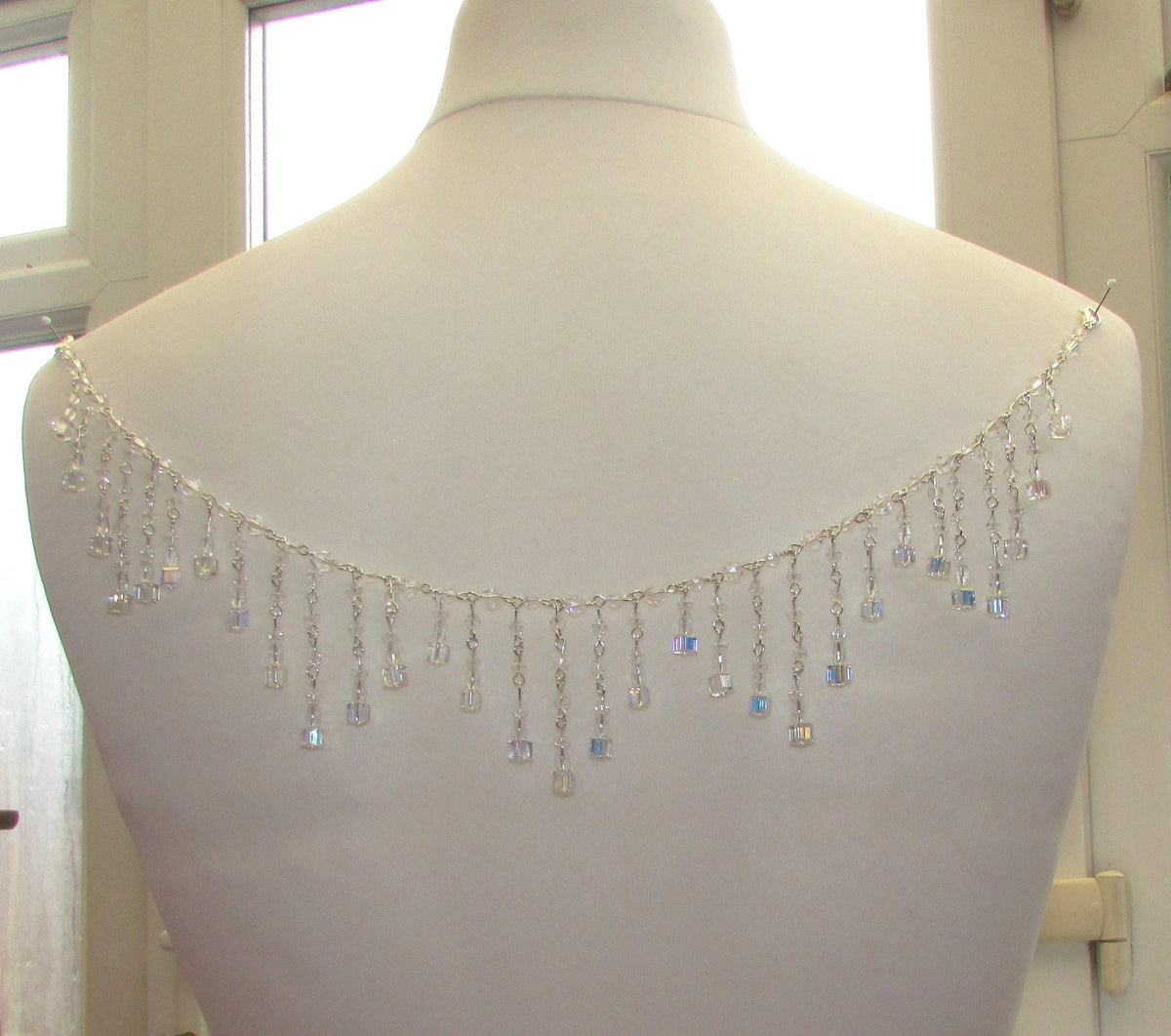 Crystal Back Necklace AB Cube Tassels, Brides Wedding draped necklace Body back Chain jewelery