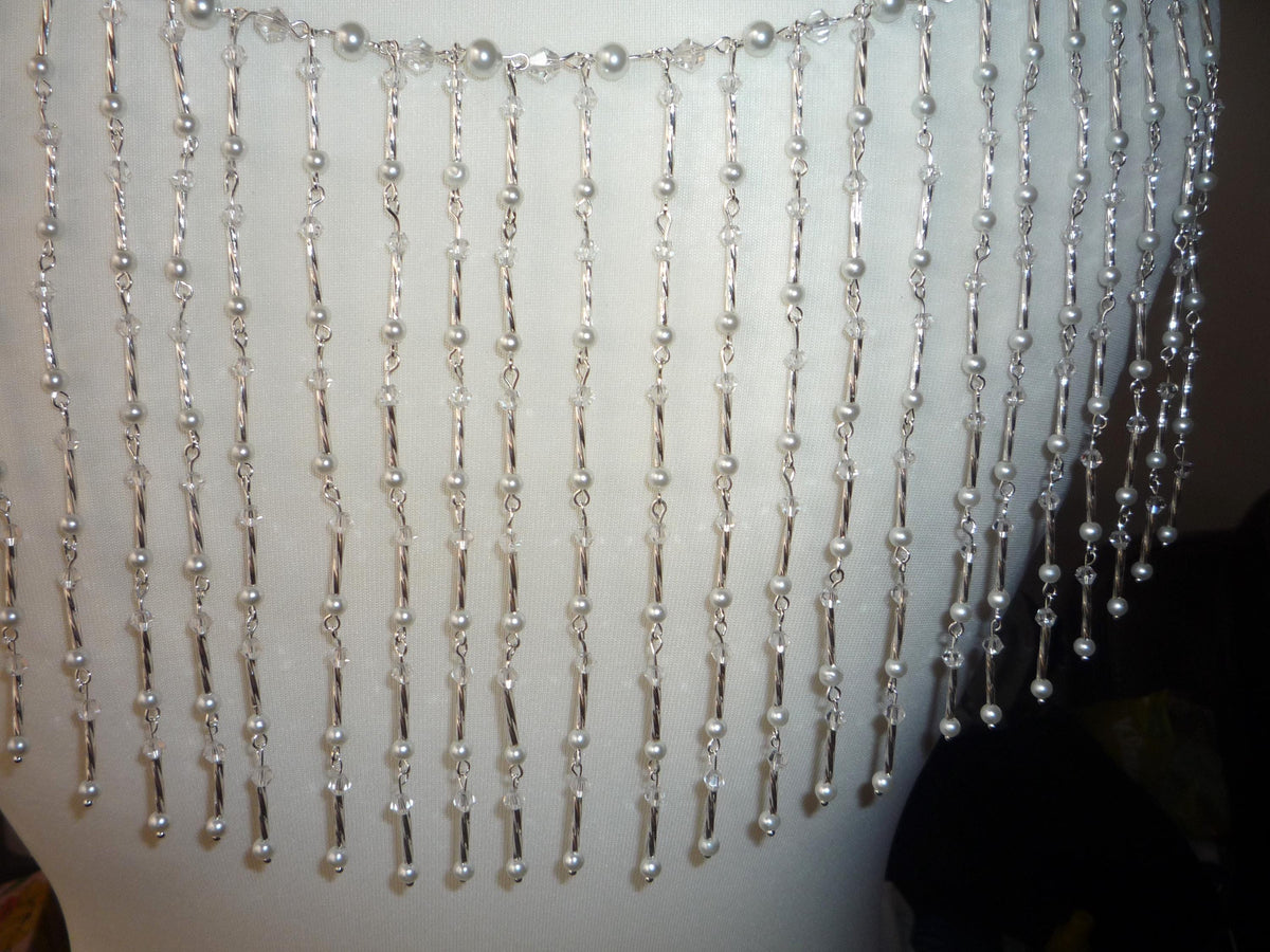 Crystal Pearl Back Drape Necklace Silver Twist Tassels, Brides Wedding draped necklace Body Chain