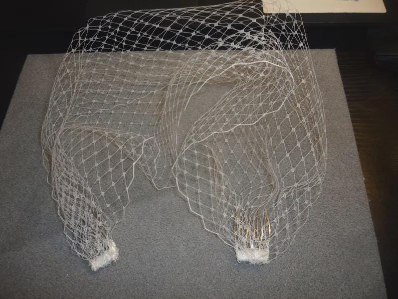 Birdcage wedding veil Bandeau with Ivory Diamante and Pearl comb.