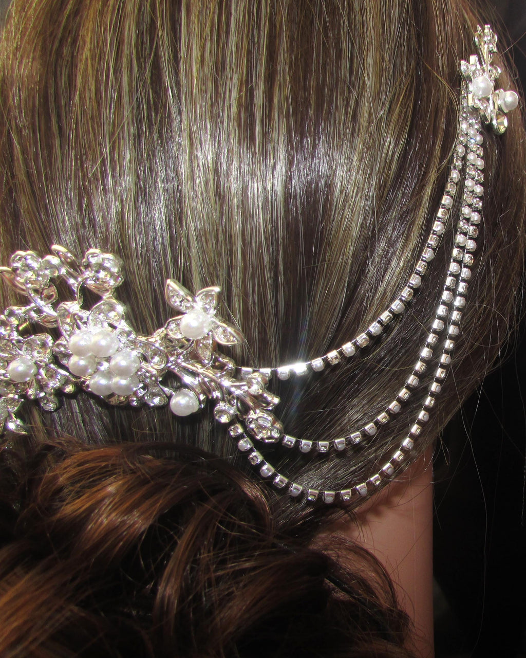 Pearl and Diamante rhinestone wedding hair chain and comb hair accessory. 3 rows. Bridal headpiece accessory.