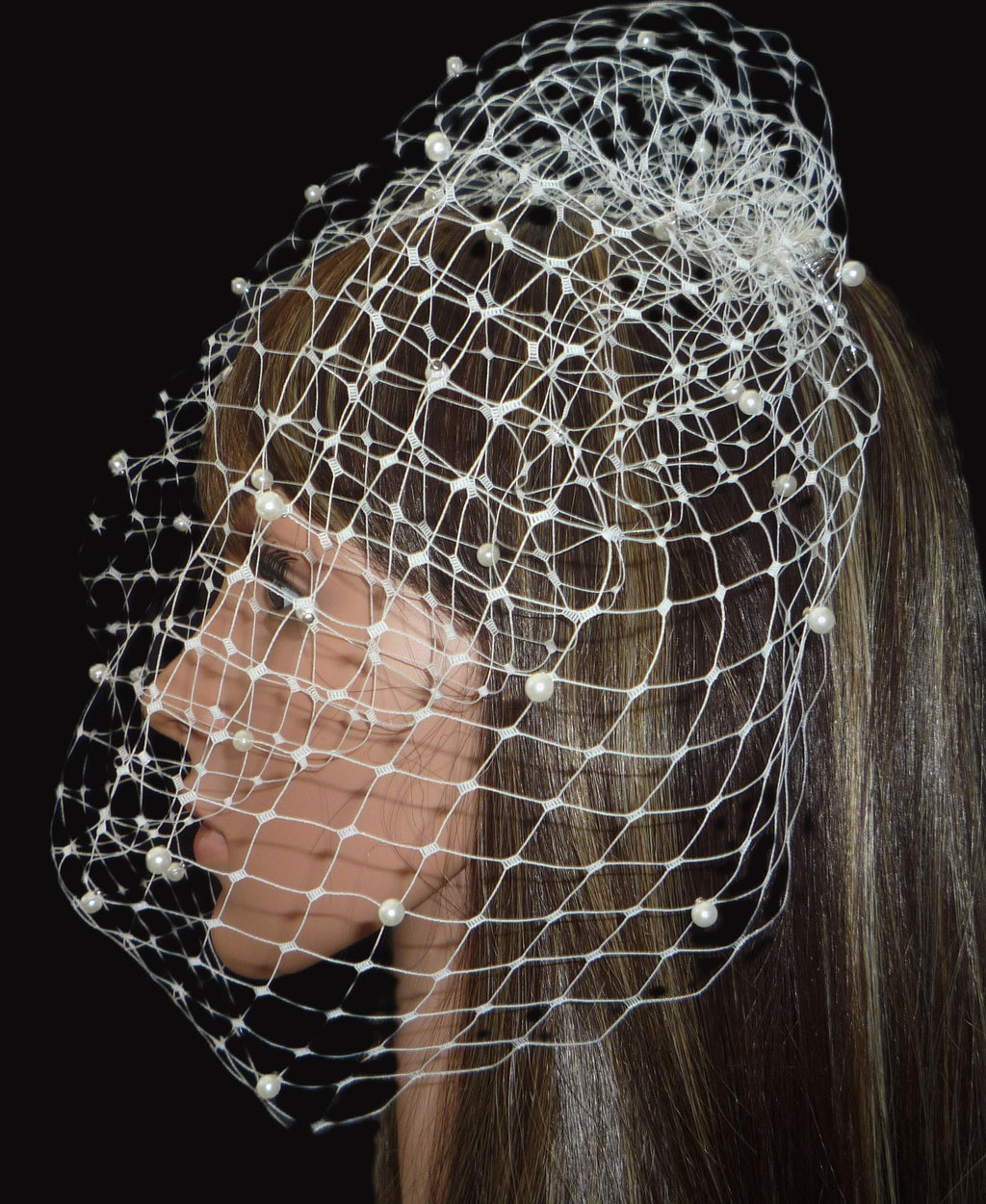 Ivory Birdcage veil 12" wedding veil with pearls.
