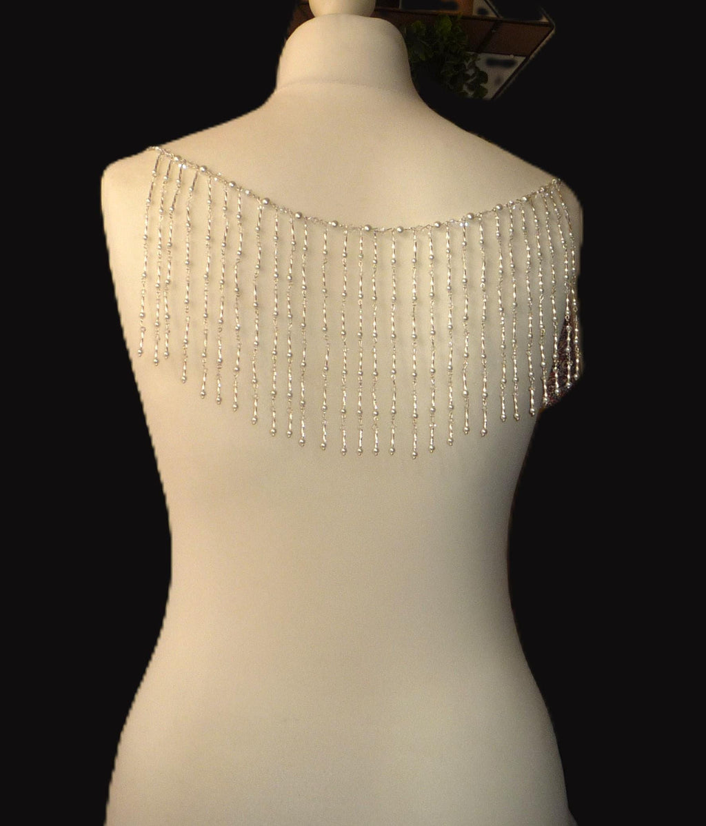 Crystal Pearl Back Drape Necklace Silver Twist Tassels, Brides Wedding draped necklace Body Chain