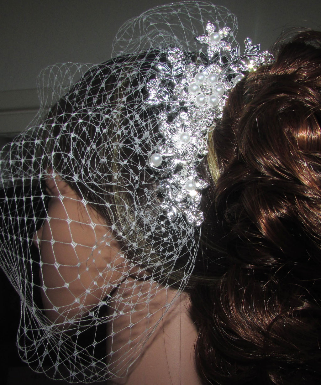 Birdcage veil wedding veil Ivory Diamante and Pearl comb with 2 matching head pins.