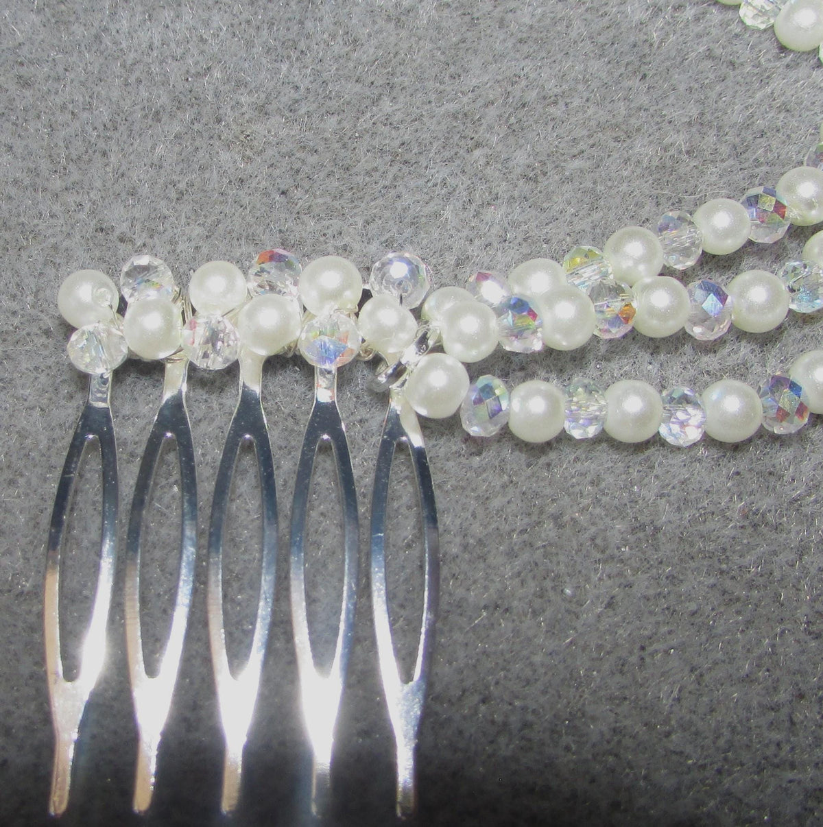 AB Crystal & Pearl Bridal Hair Chain Comb | 3 Row Wedding Headpiece | Handmade Bridal Hair Accessory