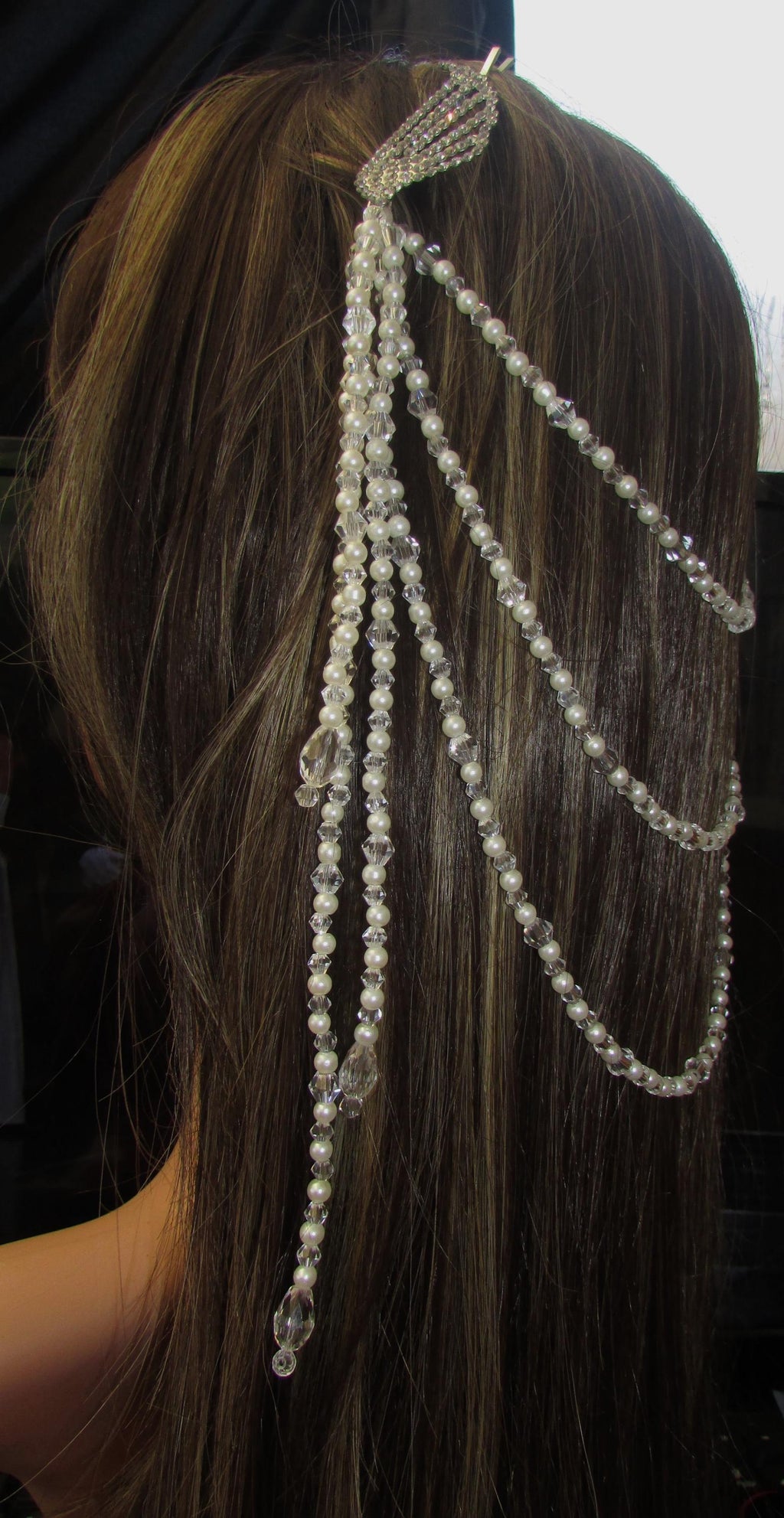 Pearl and crystal teardrops wedding hair chain accessory clip grips. 3 rows Bridal headpiece accessory.
