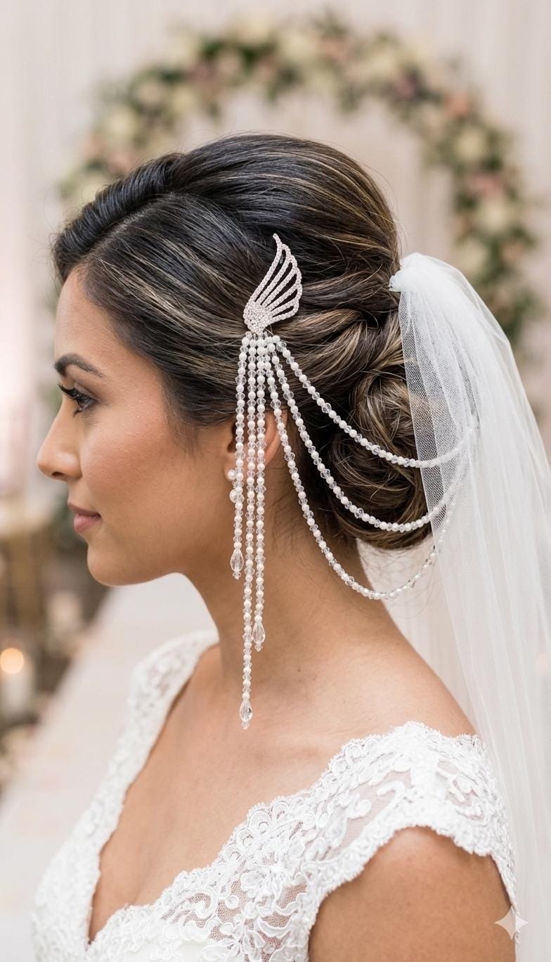 Pearl and crystal teardrops wedding hair chain accessory clip grips. 3 rows Bridal headpiece accessory.