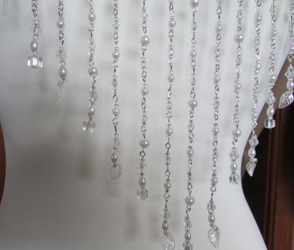 Crystal Pearl Back Drape Necklace AB Cube leaf Tassels, Brides Wedding dress statement draped back Body Chain.