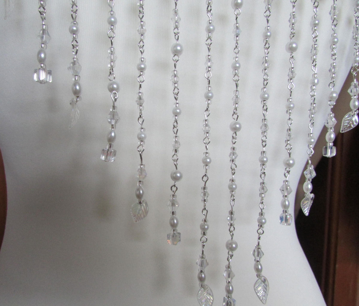 Crystal Pearl Back Drape Necklace AB Cube leaf Tassels, Brides Wedding dress statement draped back Body Chain.