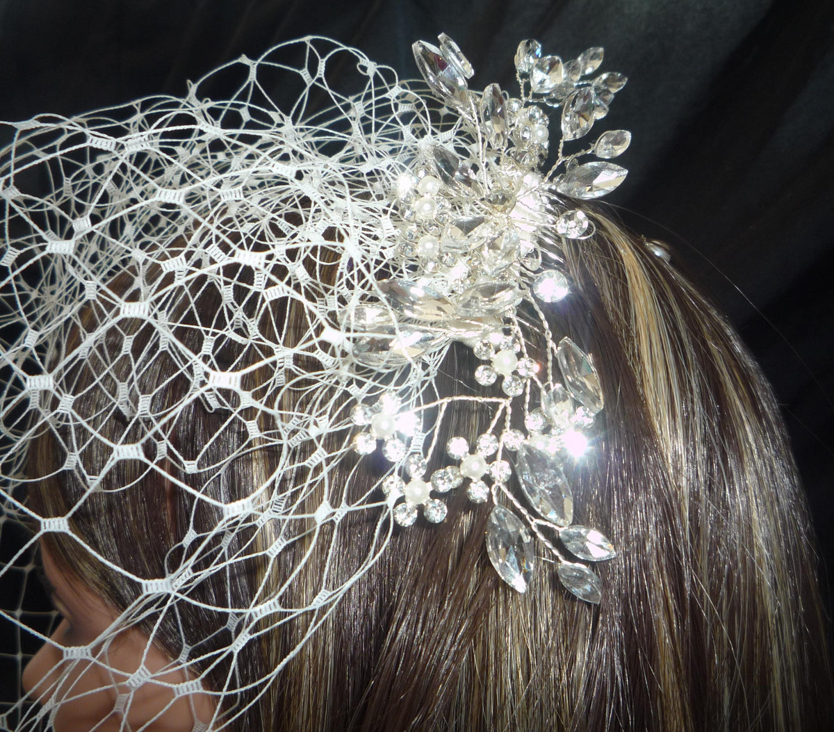 Ivory Birdcage Wedding Veil 12" | Diamante Crystal Pearl Comb | Handmade Bridal Veil