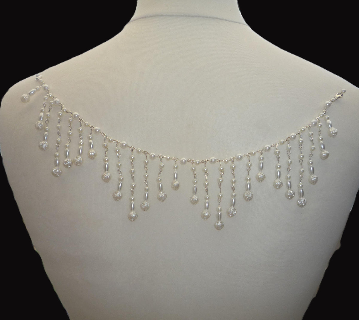 Pearl Back Necklace Rose Pearls Tassels, Brides Wedding draped necklace Body Chain