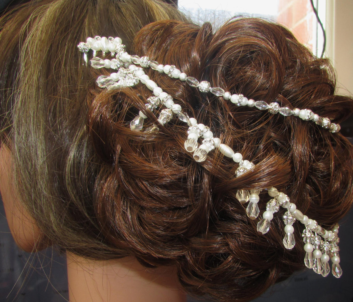 Crystal pearl diamante teardrop wedding hair chain accessory comb. Choose 2 rows. Bridal headpiece.