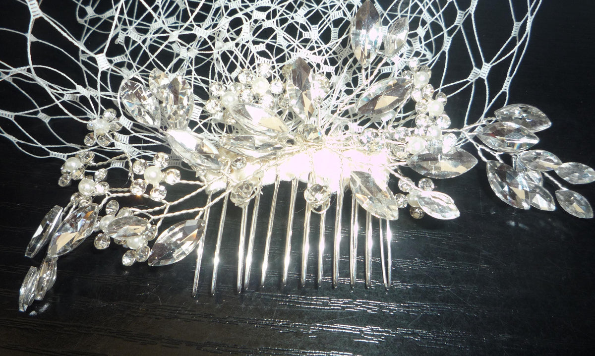 Ivory Birdcage Wedding Veil 12" | Diamante Crystal Pearl Comb | Handmade Bridal Veil