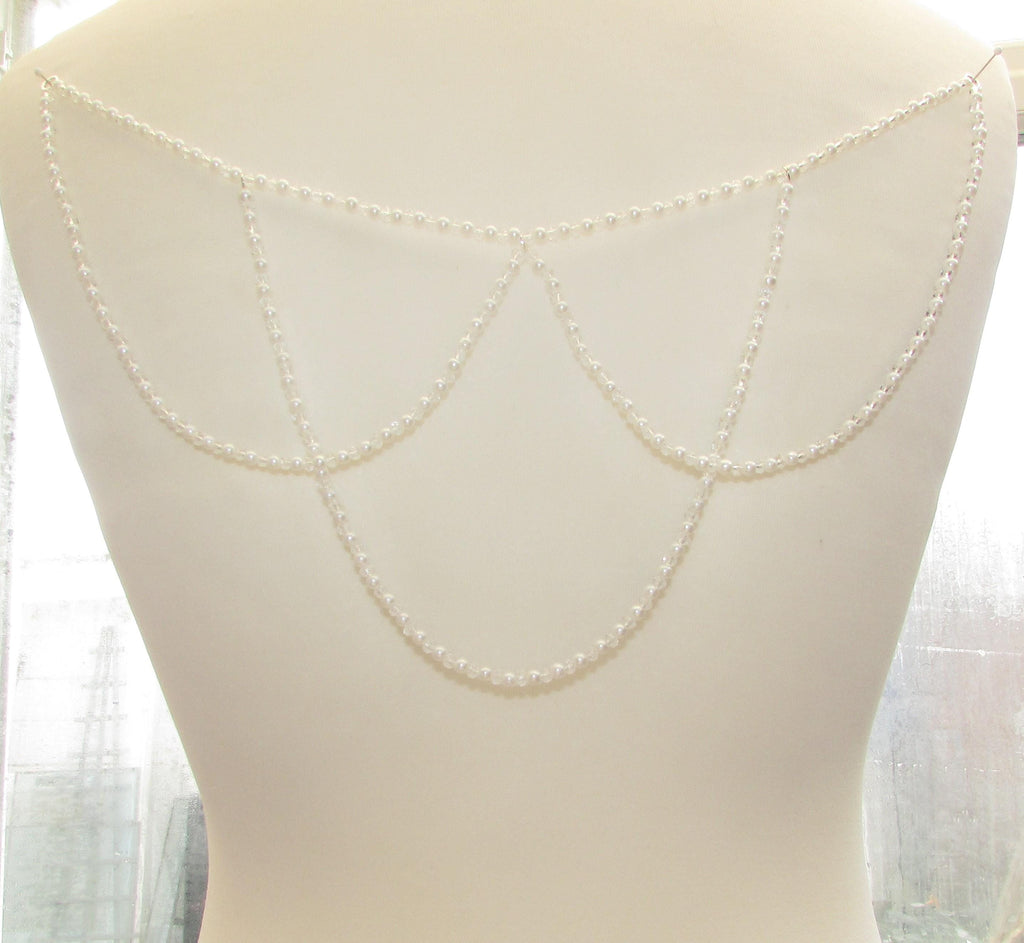 Crystal and Pale Ivory Pearl Loop back drape necklace 3 rows bridal chains wedding dress accessory.