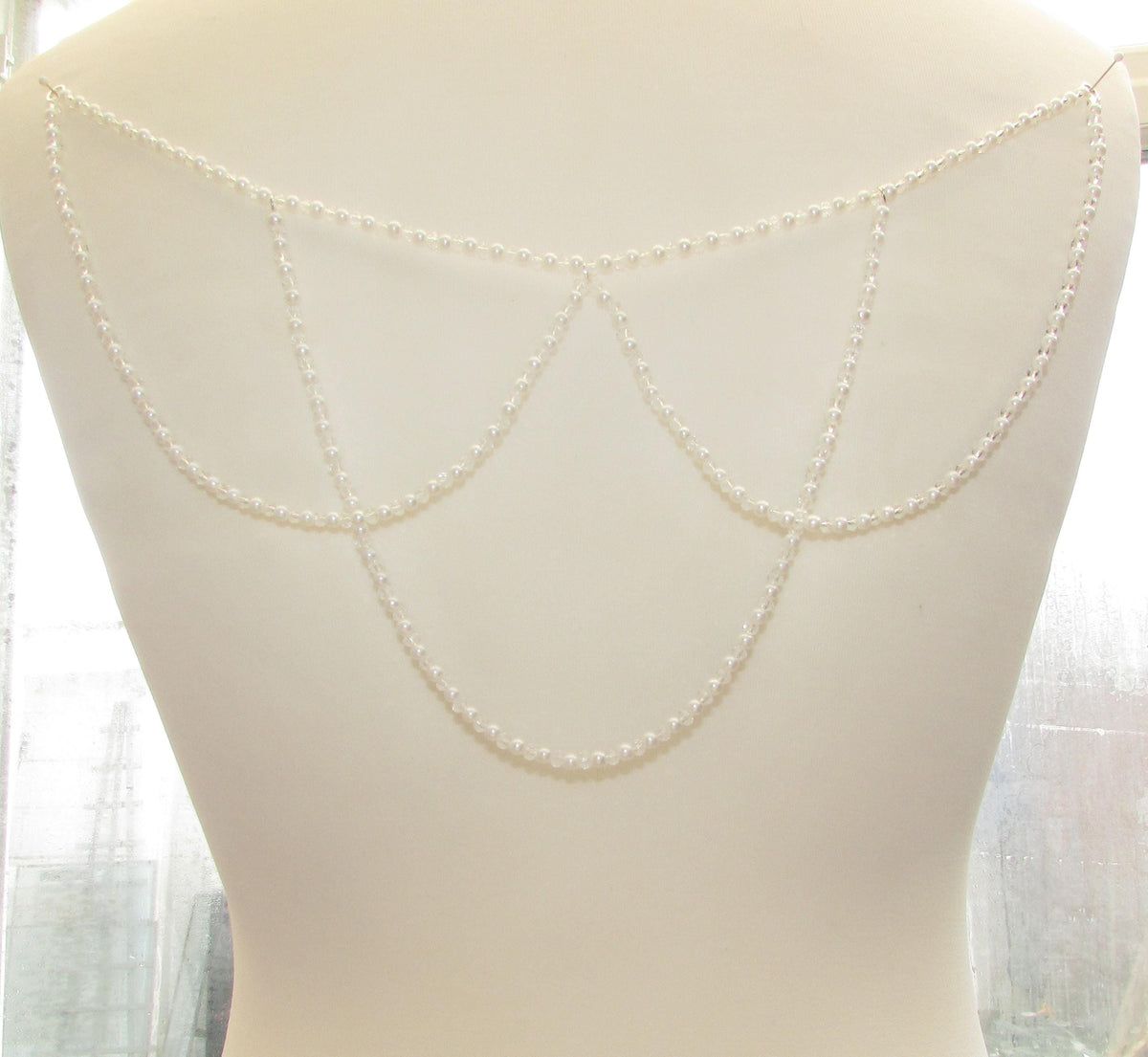 Crystal and Pale Ivory Pearl Loop back drape necklace 3 rows bridal chains wedding dress accessory.