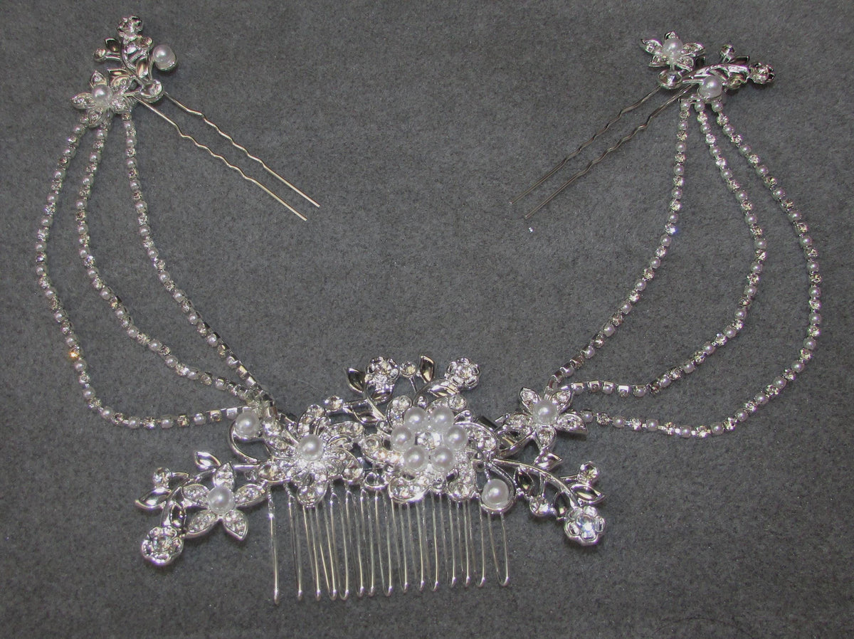 Pearl and Diamante rhinestone wedding hair chain and comb hair accessory. 3 rows. Bridal headpiece accessory.