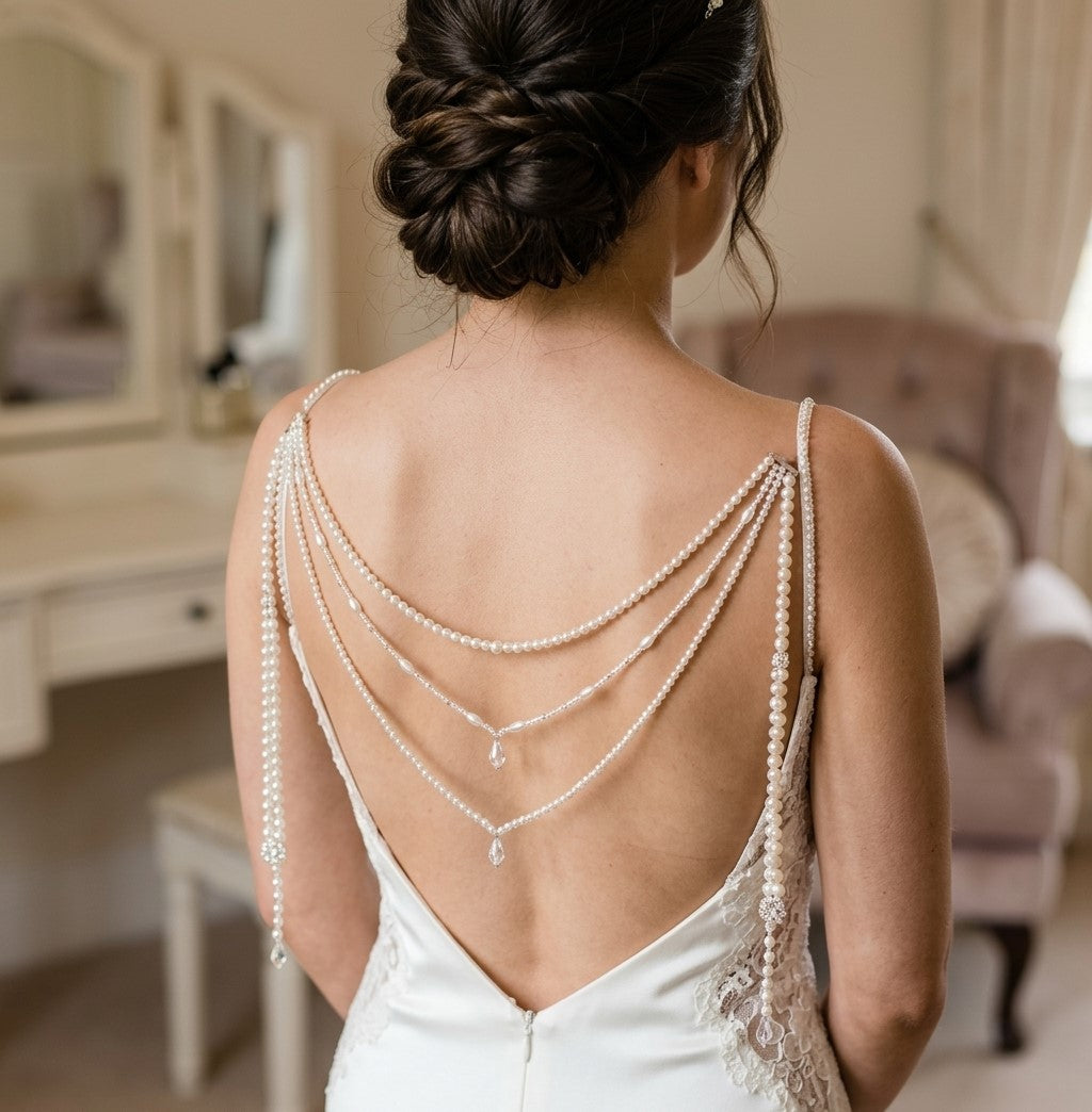 Pearl and AB crystal teardrop wedding dress back chain accessory Bridal accessory. 3 rows body chain.